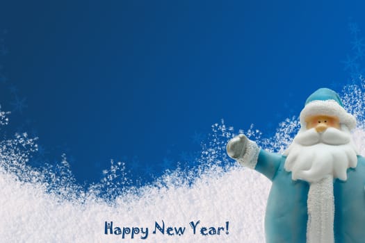 Postcard greetings for the New Year with snow and Santa Claus. Place for text.