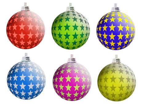 Multi-colored Christmas balls with a matte surface and the star ornament isolated on white background