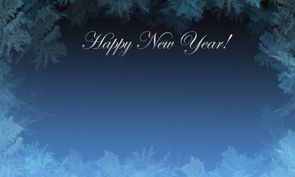 Winter background for a Happy New Year. In the center of the gradient colors of the sky with a faint snowflakes, as the framework for the edges of frost patterns. Space for text