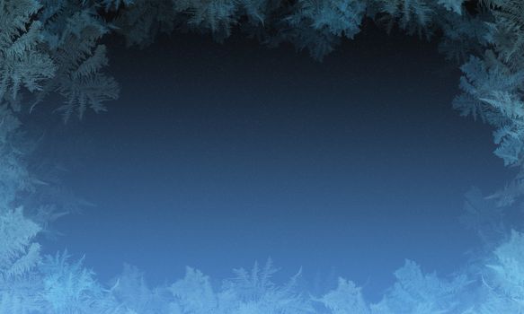 Winter background for the congratulations. In the center of the gradient colors of the sky with a faint snowflakes, as the framework for the edges of frost patterns. Space for text
