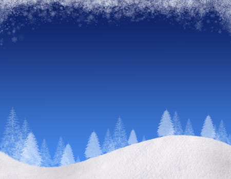 Winter Christmas background. In the lower part of the snow-covered hills with silhouettes of spruce trees. At the top of the clouds of snow flakes. Gradient colors of the sky: from blue to a rich blue. Square composition, for this background there is a horizontal composition, please see my portfolio.