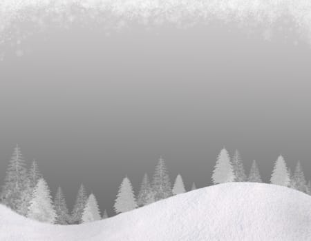 Winter Christmas background. In the lower part of the snow-covered hills with silhouettes of spruce trees. At the top of the clouds of snow flakes. Gradient of the cold gray colors. Square composition, for this background there is a horizontal composition, please see my portfolio.