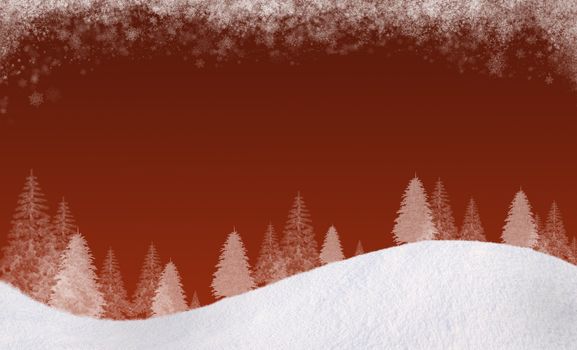 Winter Christmas background. In the lower part of the snow-covered hills with silhouettes of spruce trees. At the top of the clouds of snow flakes. Gradient of the dark maroon colors. Horizontal composition, for the background is a square track, please see my portfolio.