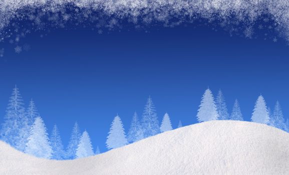Winter Christmas background. In the lower part of the snow-covered hills with silhouettes of spruce trees. At the top of the clouds of snow flakes. Gradient colors of the sky: from blue to a rich blue. Horizontal composition, for the background is a square track, please see my portfolio.