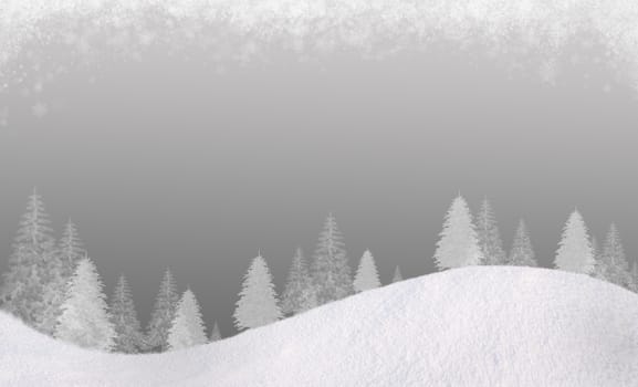 Winter Christmas background. In the lower part of the snow-covered hills with silhouettes of spruce trees. At the top of the clouds of snow flakes. Gradient of the cold gray colors. Horizontal composition, for the background is a square track, please see my portfolio.