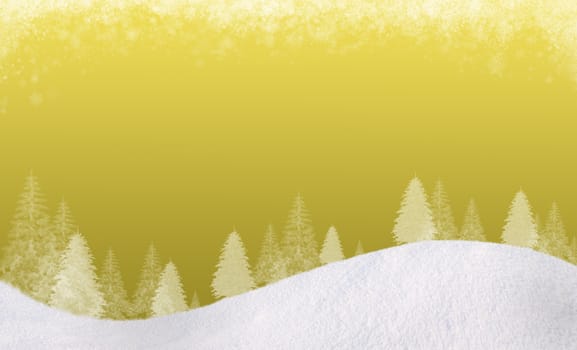 Winter Christmas background. In the lower part of the snow-covered hills with silhouettes of spruce trees. At the top of the clouds of snow flakes. The gradient of the warm golden colors. Horizontal composition, for the background is a square track, please see my portfolio.