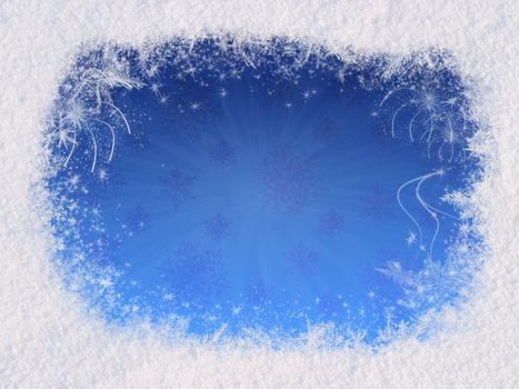 Winter magic frame consists of snow on the edges, the gradient of the sky in the center. Magic Christmas mood reinforce sparkling snowflakes and fireworks