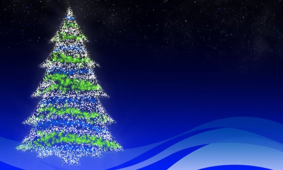 Glowing Christmas tree in the background of magic sky with stars. There is a place for text