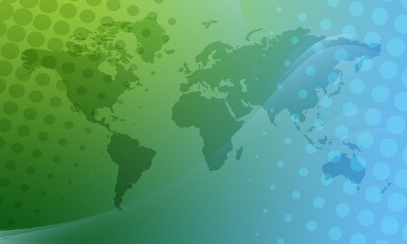 Business background with a map of the world in green and blue colors and the dotted effects.