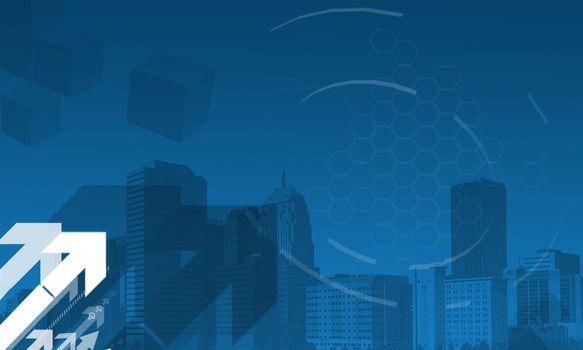 Business background in blue with arrows and urban buildings