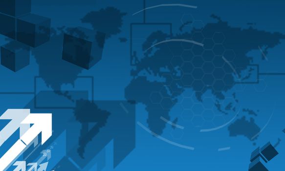 Business background in blue with arrows and a map of the world