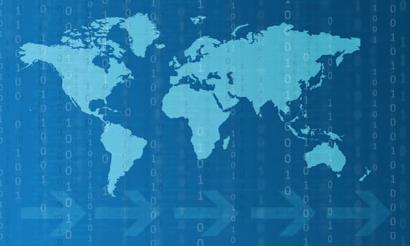 Concept of new digital communication technologies that reduce the distance. Business background in blue with arrows and a map of the world