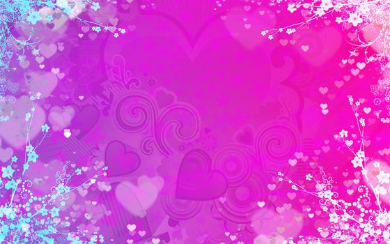 Background for valentine. Gradient in the purple tones, a lot of hearts, the edges of Japanese ornament of plants.