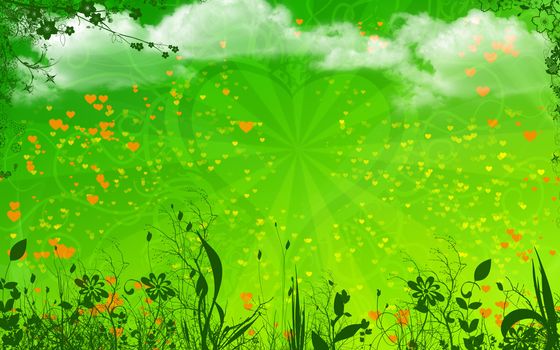 Live, spring and happy background for valentine. Gradient in the green, a lot of hearts, bottom of the silhouettes of plants, above the clouds. In the center place for words of love.