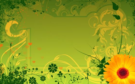 Background for Valentine's Day in green and quiet colors with bright flowers on the edges