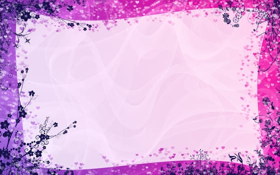Background for congratulations. Colors from light purple to pink, against the backdrop of smooth waves, the edges of the ornament of blooming flowers and a lot of hearts as the petals of flowers