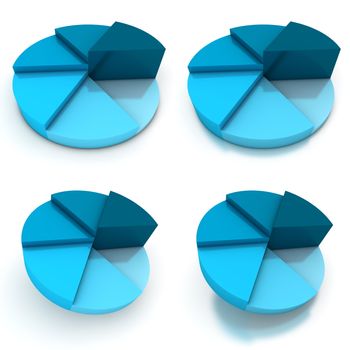 colured pie chart - six shades of blue  - four views