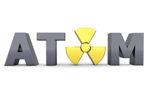 shiny black word ATOM - a shiny yellow nuclear sign is replacing the letter A