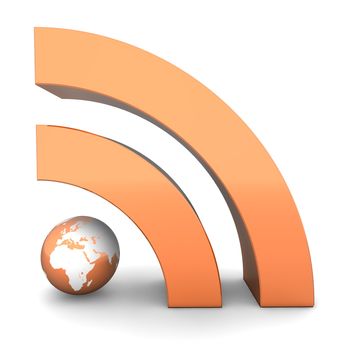 shiny metallic orange RSS symbol rendered in 3D on white ground - front view