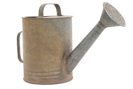 Old metal watering can, a classic design. Isolated on a white background
