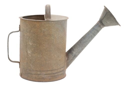 Old metal watering can, a classic design. Isolated on a white background