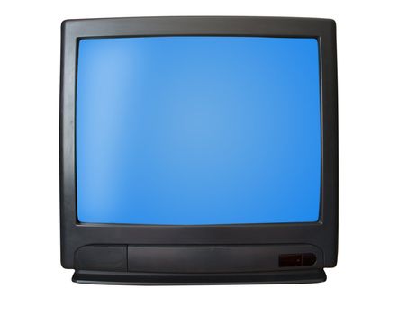 Modern TV isolated on a white background. Not widescreen, no plasma, normal TV which is in every home. The gradients on the body, the texture of plastic on the body preserved. The levels are not compressed. Front view
