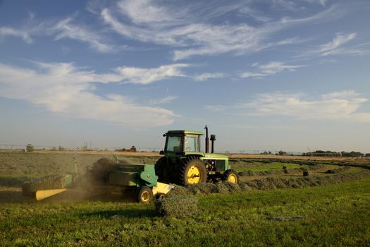 A tractor baling hay in Northwest America in fall
