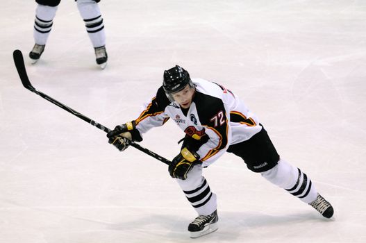 ZELL AM SEE; AUSTRIA - SEPTEMBER 4: Red Bull Salute Tournament Semifinal. David Jobin of Bern skating. Game between SC Bern and Eisbaeren Berlin (Result 1-5) on September 4, 2010.