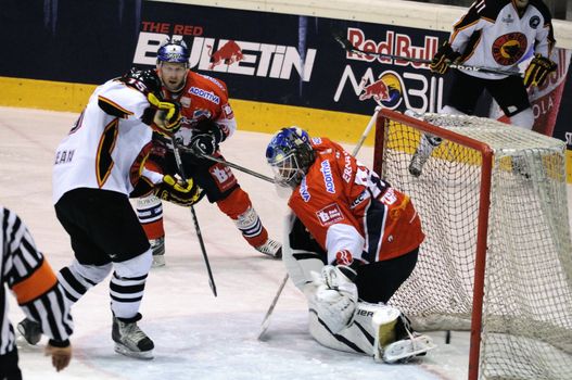 ZELL AM SEE; AUSTRIA - SEPTEMBER 4: Red Bull Salute Tournament Semifinal. Brett McLean scores the only goal for Bern in the second period. Game between SC Bern and Eisbaeren Berlin (Result 1-5) on September 4, 2010.