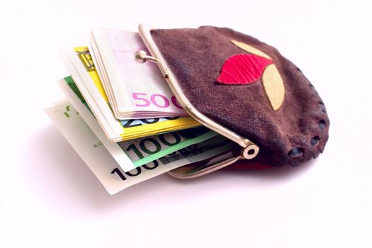 Purse full of euros isolated on a white background