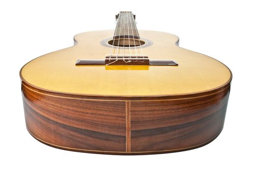 Perspective view classic guitar isolated on white background.