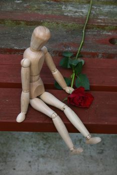 rejected mannequin holding onto his red rose