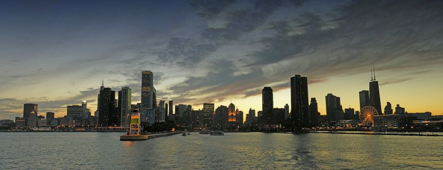 Chicago Skyline from Michigan Lake at Sunset