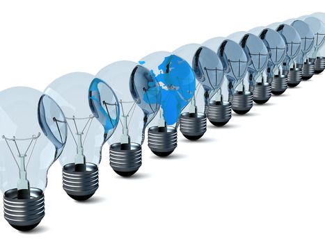Row of electric bulbs on a white background. 3D image