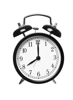 Alarm clock shows eight o`clock isolated on white background