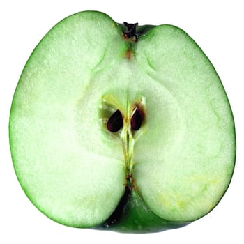 Green Granny Smith apple sliced in half