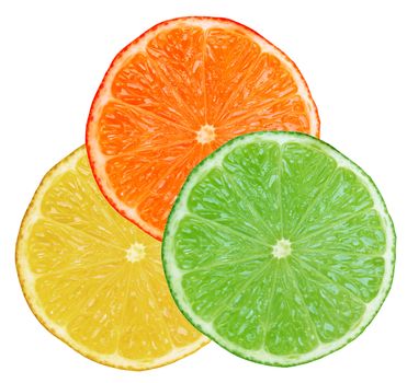 Slices of lemon lime orange citrus fruit isolated on white