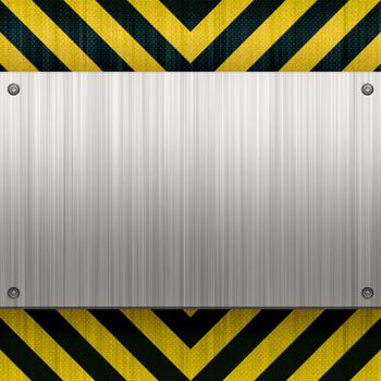 A riveted 3d brushed metal plate on a construction hazard stripes background.