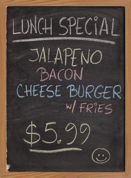 jalapeno, bacon, cheese burger, fries - lunch special menu - vertical blackboard sign with color chalk handwriting