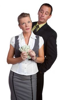 Business man woman holding money