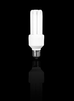 Fluorescent Light Bulb on a black background with reflection energy concept