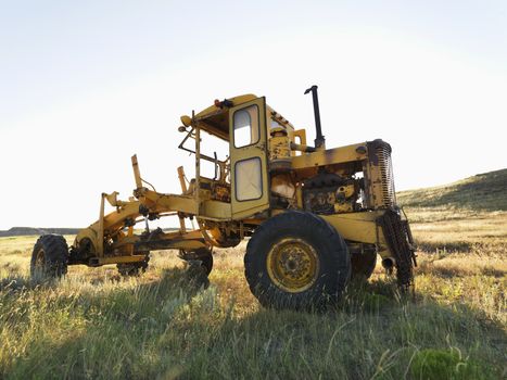 Yellow tractor in field.