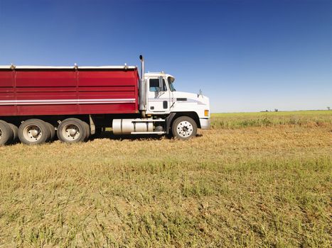 Side view of semi truck in agricultural field.