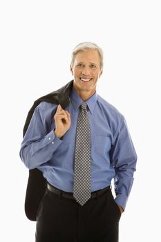 Middle aged Caucasian man in business suit smiling at viewer with jacket draped over shoulder.