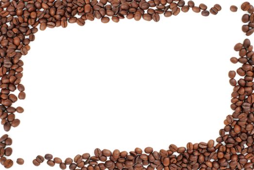 frame of red brown coffee beans on white