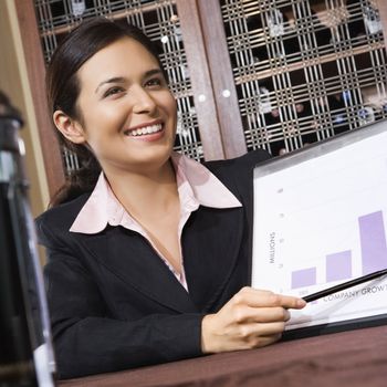 Businesswoman smiling and pointing to bar graph.