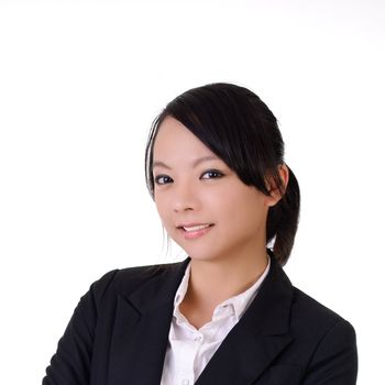 Closeup portrait of young business woman smiling on white background.