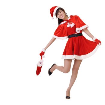 Happy smiling lady of Asian in Santa Claus clothes, full length portrait isolated on white.