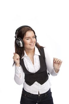 isolated young business woman listening music over white background