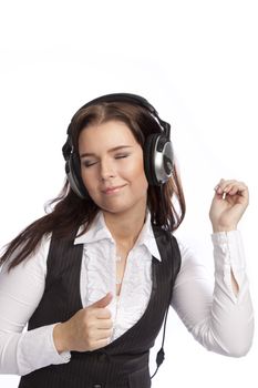 isolated young business woman listening music over white background